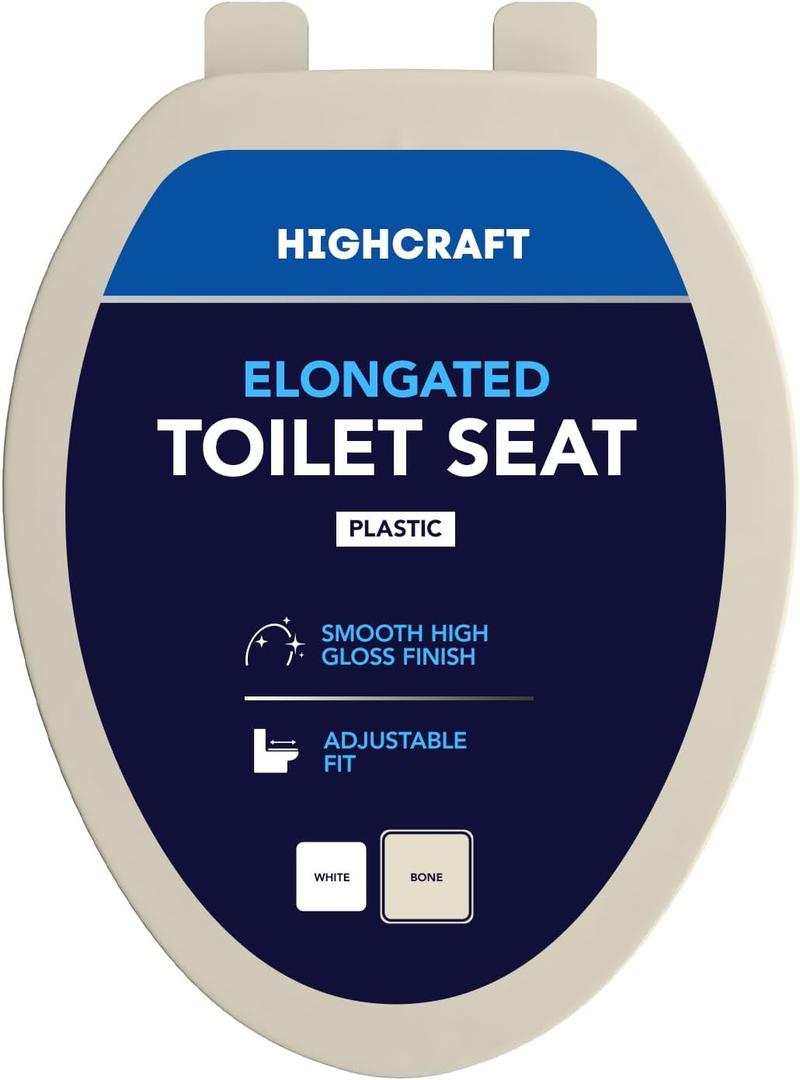 HIGHCRAFT Premium Elongated Toilet Seat with Adjustable Hinges - Molded Plastic Toilet Seat - Fits Standard Elongated Toilets - Oval Seat in Bone/Beige