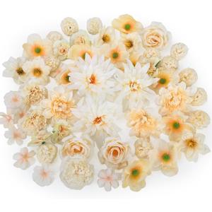 56 Pcs Fake Flower Heads Bulk for Crafts, Artificial Flower for Graduation Cap - Faux Mini Fabric Rose Daisy Hydrangea Carnation Mix for DIY Garland Cake Topper Party Decoration - Champagne