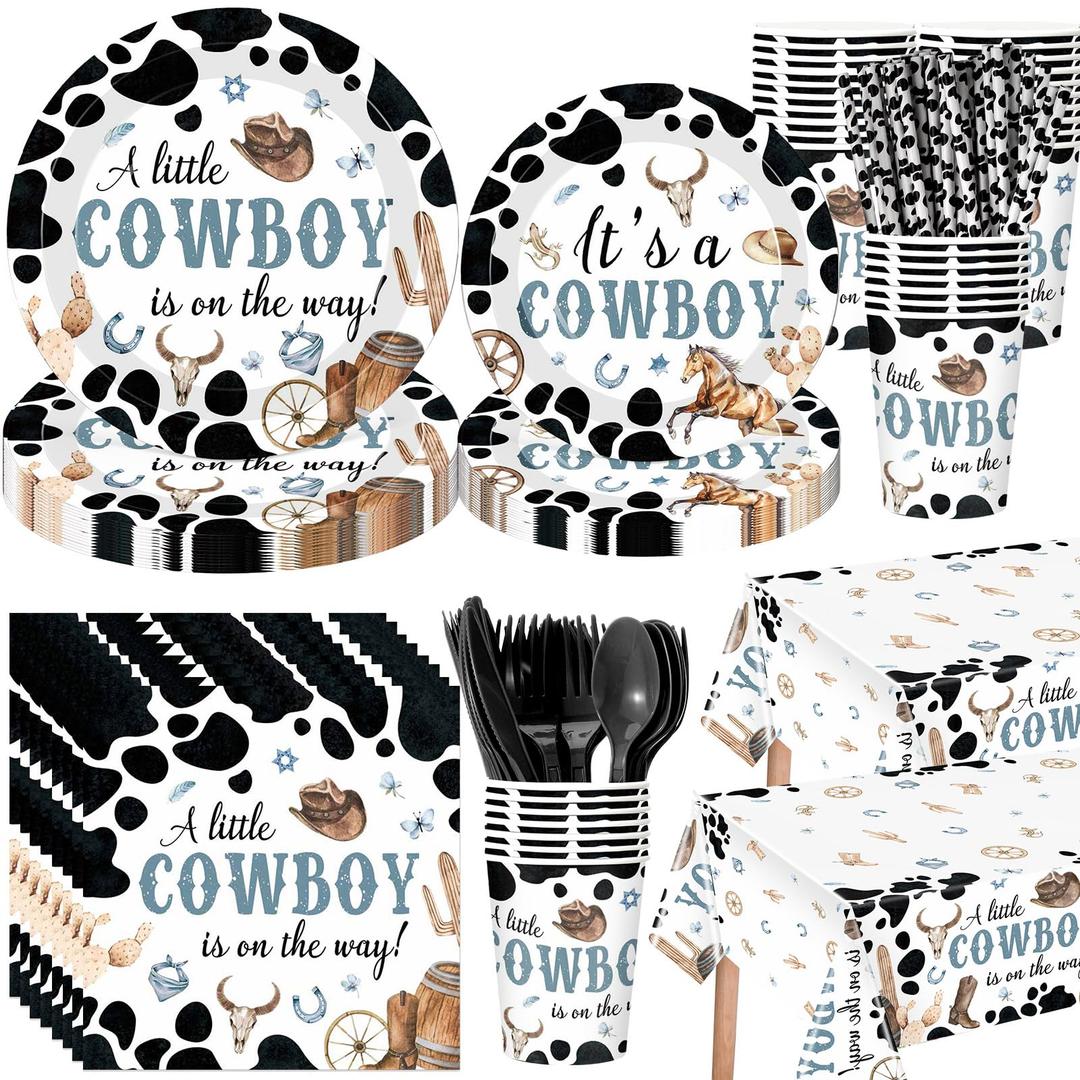 Funnymoom 452 Pcs Cowboy Baby Shower Party Decorations Include a Little Cowboy Is on the Way Paper Plates Napkins Cups Tablecloth Cutlery Straws for girl Girl Baby Shower Party Supplies