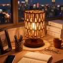 Handmade Rattan Lamp Farmhouse Table Lamp for Bedroom, Rustic Woven Lamps for Night Stands with Warm White LED Bulb, Boho-Inspired Boho Lamp for Living Room Kitchen Nook, 12cm Shade 20cm Height