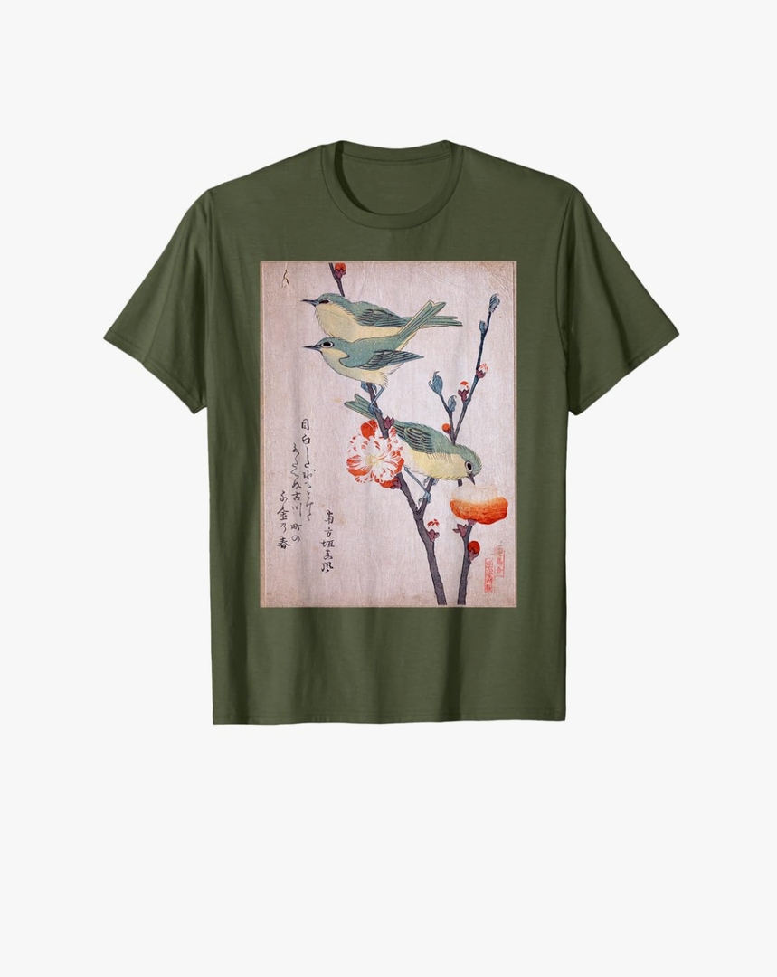 Japanese Art Birds on Cherry Blossom Japanese T-Shirt, Size M
