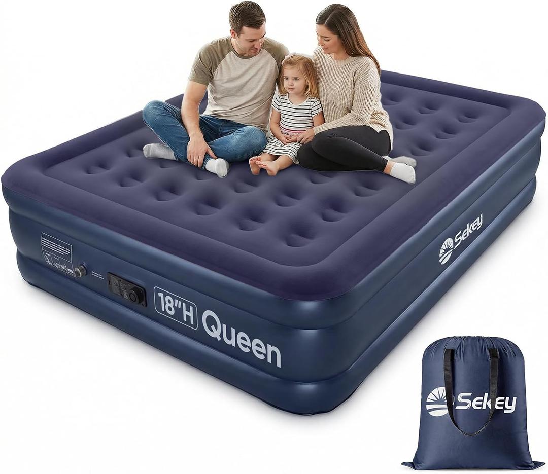 Sekey Queen Air Mattress with Built-in Pump, 18" Raised Inflatable Bed with Anti-Deflation Technology, Odorless & Puncture Resistant Blow Up Mattress for Home Guests & Travel, 660 lbs Capacity