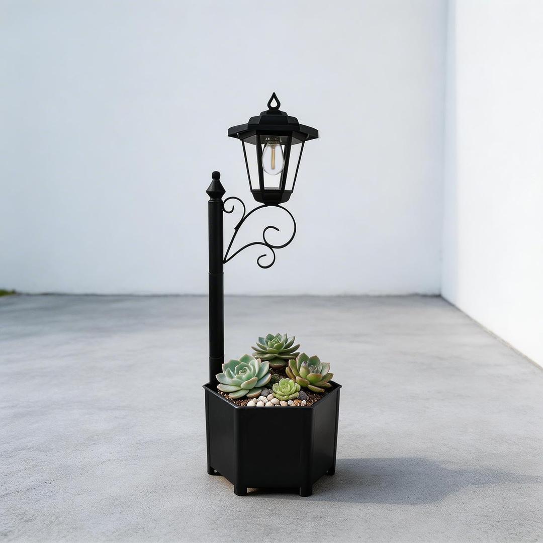 Solar Floor Lamps with Planter (2-in-1 Design), 29.5" Outdoor Solar Lamp Post - IP44 Waterproof, Warm Yellow Lights Dusk to Dawn 6-8Hr, Easy Install for Lawn, Patio, Porch, Yard & Pathway Decor