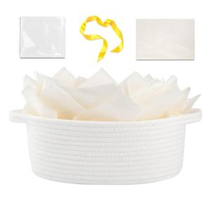OIAHOMY Gift Basket with Handle, Small Woven Basket with Gift Bag, Ribbon and Wrap Tissue Paper, Nursery Bins Empty to Fill with Small Items, Baby, Pet Toy Organizer - White