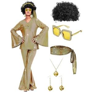 Jexine 70s Women Disco Outfit Costume Disco Party Top Pants Sunglasses Ball Necklace Earring Wig for Halloween New Year Eve 3XL