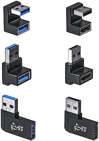 DuHeSin 6 Pack 180 Degree & 90 Degree USB 3.1 Adapter, Left and Right Angle USB A Male to Female Extender Connector for PC, Laptop, USB A Car Charger, Surface Pro 7+, Raspberry Pi and More