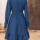 utcoco Women's Flowy Denim Dress 2025 Vacation Lapel Long Puff Sleeve Button Down A Line Swing Ruffle Jean Dress (Blue, XXL)