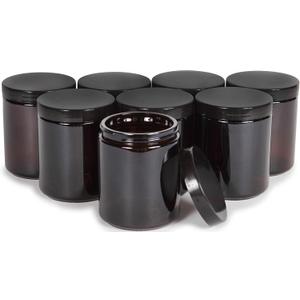 Vivaplex, Amber, 8 ounce, Round Glass Jars, with Black Lids - 8 pack