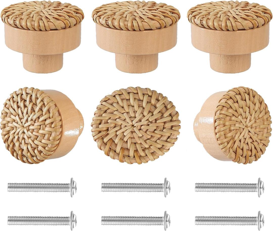 6 Pack Boho Dresser Knobs and Screws Diameter 1.6in Made of a Combination Durable Beech Wood and Hand Woven Rattan Pieces