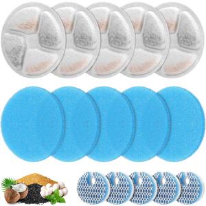 5 Set Cat Water Fountain Filter Replacement for Round 2L/ 67oz Stainless Steel Cat Fountain, ZEKIRY Pet Fountain Filter, Triple Filtration Replacement Filters(5 Filter, 5 Sponge, 5 8D Sponge)