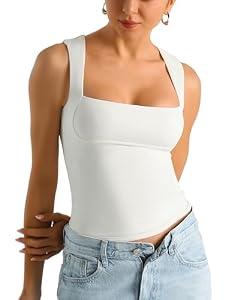 HOYAYO Womens Bustier Y2K Top Sleeveless Square Neck Casual Slim Fit Basic Fitted Compression T-Shirts White L
