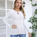 Fall Clothes Cut Out Shirt Keyhole Top for Women Long Sleeve T-Shirts Ribbed Knit Slim Fitted Basic Tee Top (White, L)