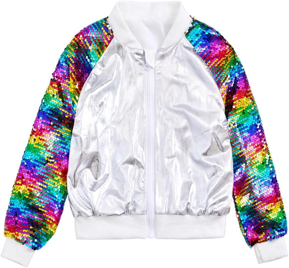 Girls Flip Sequin Jackets Kids Rainbow Sparkle Outwear Toddler Boys Glitter Sleeve Shiny Metallic Coat Birthday (Gray, XXXL)