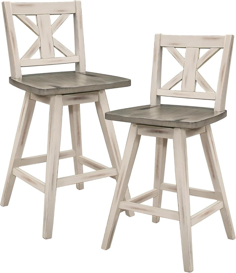 Lexicon Counter Height Stools Set of 2-Solid Wood Frame 360 Swivel Wooden Stools, Foot Rest, X Back, Wide Seat, Distressed Farmhouse Easy to Clean Finish, 24" SH, Antique White/Grey