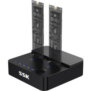 SSK NVMe & SATA SSD Cloner, M.2 Duplicator Dual Bay Dock SSD to USB Adapter, 20Gbps USB3.2 Gen 2X2 M.2 Docking Station for M Key/ B+M Key PCIE3.0/4.0/5.0SSD Reader Supports Offline Clone