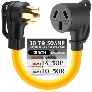 1ft 30amp Dryer Plug Adapter Cord Compatible with Nema 14-30p to 10-50r, 4 Prong Male Plug to 3 Prong Female Receptacle, Adapter for Dryer to Stove Oven Range, STW 10 Awg, Etl Listed
