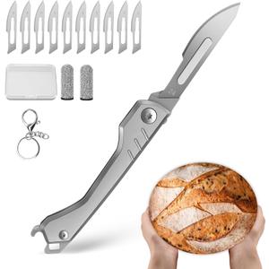 Bread Lame Dough Scoring Tool  Multi-Purpose Scoring Knife, Folding Bread Scorer Tool for Sourdough & Bread Baking with 10 Bread Razor Blades Gray