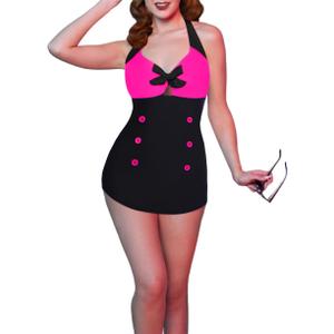 Ekouaer Womens One Piece Swimsuits Vintage Striped Skirt Bathing Suit Vintage Retro Push Up Swimwear (Black, XL)