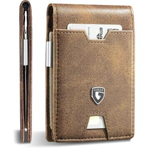 GSOIAX Men's Slim RFID Blocking Leather Wallet with Money Clip Minimalist Carbon Fiber Bifold Credit Card Holder 11 Card Slots Gift Box Included(Leather Brown)