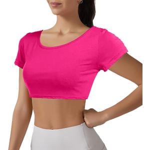 MUNAFIE Belly Dance Practice Tops for Youth Elasticity Soft Tops for Girl Short Sleeved Shirt for Woman Fitness Clothing (Pink)
