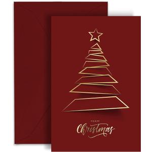 easykart labels 20 Christmas Greeting Cards with Gold Foiling Xmas Tree, 6.75 x 4.5 Size, Dark Red Self Paper with Red Envelope with Seal Stickers For Friends, Family and loved Ones