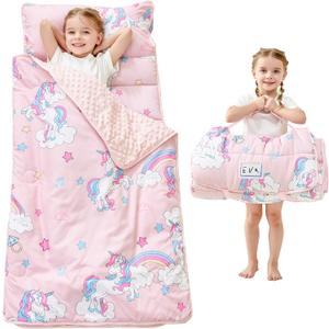 Toddler Nap Mat with Pillow and Blanket, Extra Large Rolled Napping Mats, Slumber Bags for Boys Girls, Kids Sleeping Bag for Daycare, Preschool Travel Camping (Unicorn)