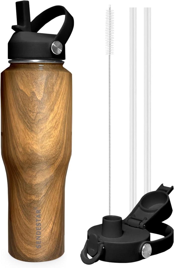 SENDESTAR 32oz Water Bottle Wide Mouth Stainless Steel Vacuum Insulated Double Wall with 2 Straw Lids Fit in Any Car Cup Holder (Wood)