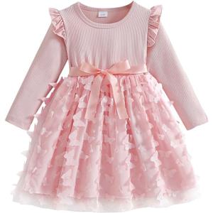 UPlee Toddler Girl Tulle Dress Winter Ruffle Long Sleeve Baby Girl Fashion Casual Tutu Dresses 2-3Y