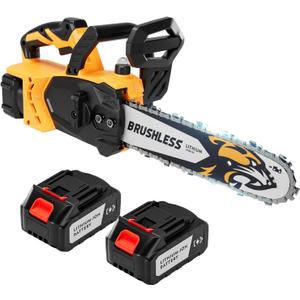 Electric Chainsaw Battery Powered 12 Inch Brushless Cordless Chainsaws With Auto Oiler Handheld Chain Saw for Branches,Courtyard,Household Garden Wood Cutting 2 Batteries & Charger Included Garden