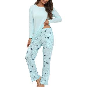 PNAEONG Women's Cotton Long-Sleeve Tops and Full-Length Pajama Set Two-Piece Pjs with Pockets SY008 (XX-Large, Blue Star)