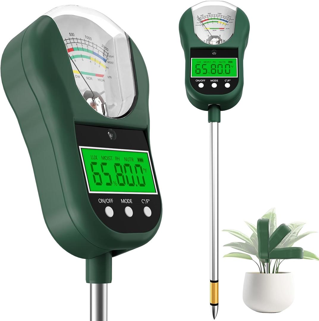 7-in-1 Soil Test Kit, Soil Moisture Meter/pH Meter/Light Intensity/Fertility/Air & Soil Hygrometer Temperature with Large Dual Display for Garden,Lawn, Farm, Indoor Outdoor Plants-OliveGreen