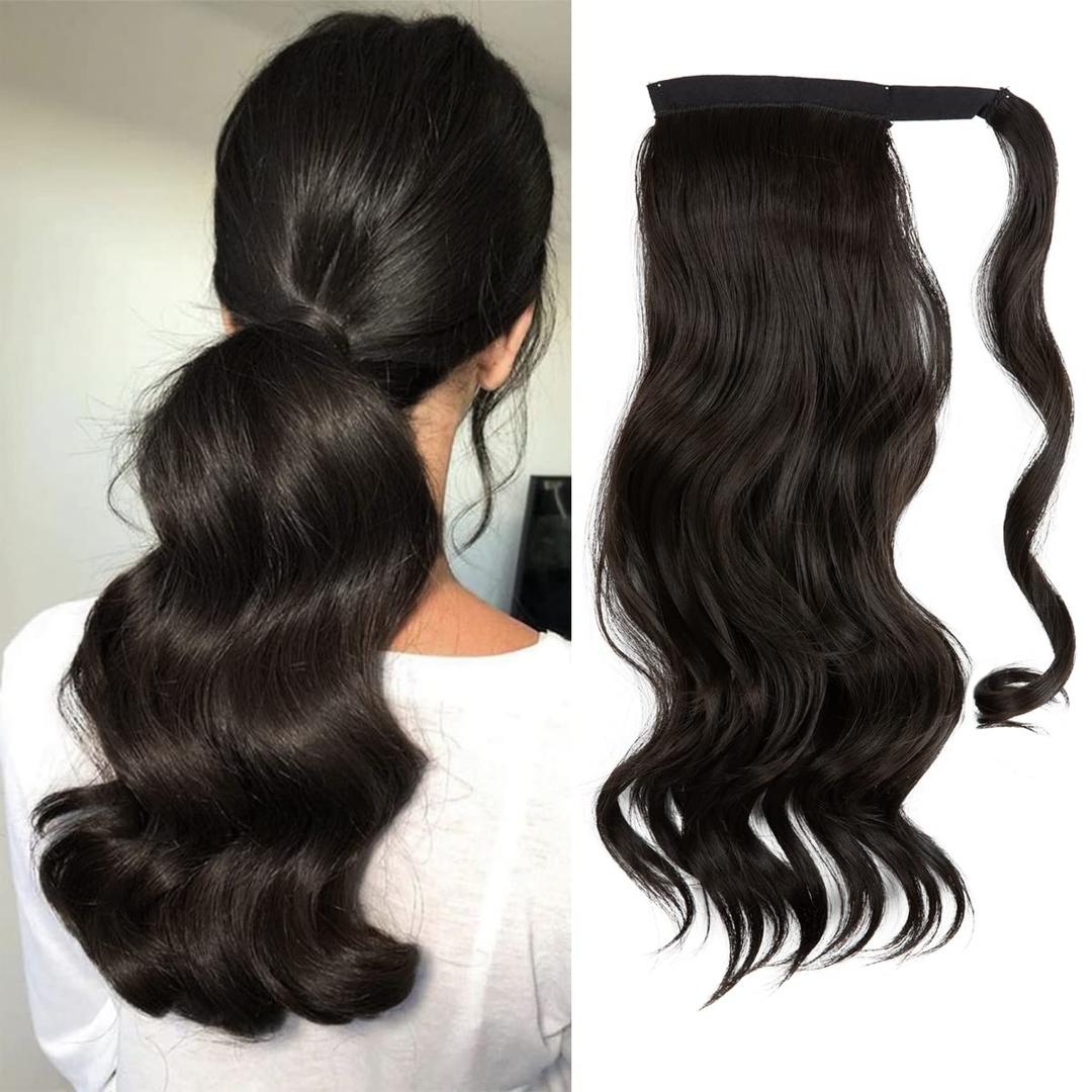 CJL HAIR 18" Long Ponytail Hair Extension Wrap Around Pony Tail Clip in Curly Wavy Synthetic Fake Hairpiece for Women Black Brown