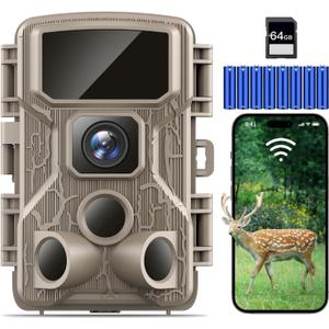 Trail Camera WiFi 4K 64MP with 64GB Memory Card 8 Batteries and Night Vision Ip67 Waterproof 130Wide Angle 0.1s Trigger Speed, Suitable for Outdoor Wildlife Detection, Monitoring Game Cam (Shallow coffee)