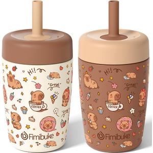 Fimibuke Kids & Toddler Cups Spill Proof, 12 OZ Capybara Insulated Sippy Cups for Toddlers Boys Girls, Toddler Straw Tumbler, Stainless Steel Kids Water Bottle with Twist Lids & Silicone Straw, 2 Pack (Beige & Brown Capybara)