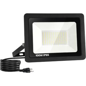 1 Pack 100W LED Flood Light Outdoor, 10000LM Super Bright Work Light with 5.9FT Plug, IP65 Waterproof 6000K Daylight White Outside LED Flood Light with 180Adjustable Bracket for Garage, Yard
