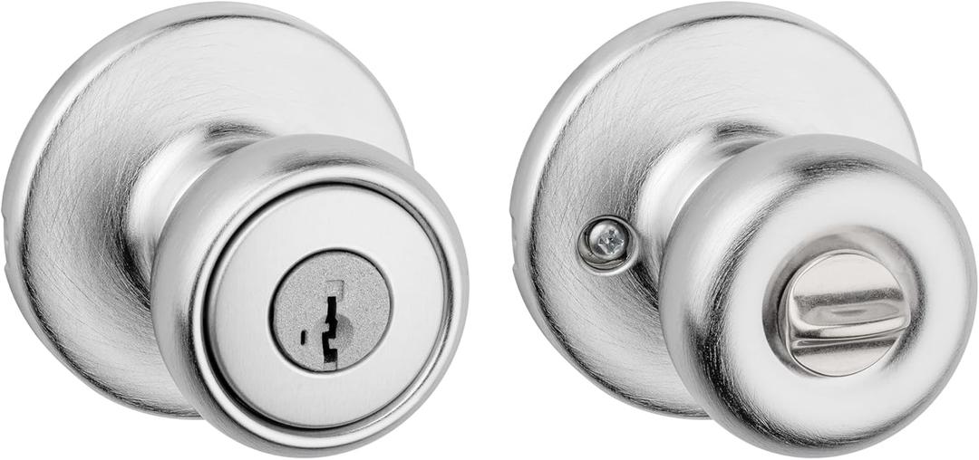 Kwikset Tylo Entry Door Knob with Lock and Key, Secure Keyed Handle Exterior Doorknob, Front Entrance and Bedroom, Satin Chrome, Pick Resistant SmartKey Rekey Security (1 Pack)