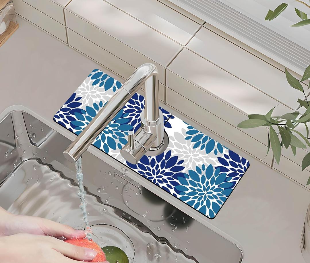 2 x Kitchen Sink Splash Guard Faucet Mat -1 PC Super Absorbent Fast Drying Mat Sink Gadgets-Splash Guard Behind Faucet Drip Catcher for Kitchen, Bathroom,Sink Mat, Dish Drying Mat, Bathroom(15" X 5.5" ) (Petals)