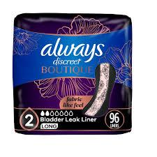 Always Discreet Boutique Incontinence Panty Liners for Bladder Leaks, Size 2, Very Light Absorbency, Long Length, 96 Count (3 Packs of 32)