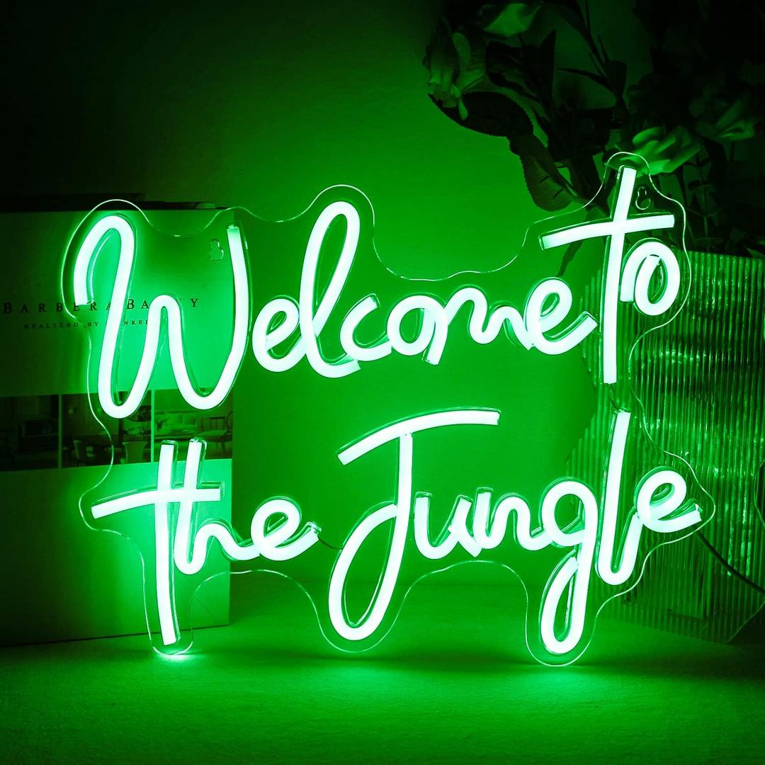 ineonlife Welcome to the Jungle Neon Sign Green Letter LED Neon Lights for Bedroom Wall Love Oh Baby for Room Decor Bar Party Wedding Engagement Wall Hanging Decor USB Powered