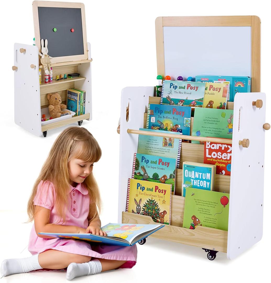 Bookshelf & Easel & Toy Storage Organizer for Kids with Wheels, 3-in-1 Wooden Art Easels with Chalkboard & Whiteboard for Toddlers, Kid Book Shelf Bookshelves for Toddler Room & Nursery