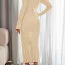MEROKEETY Women's Fall Long Sleeve Sweater Dress Casual Ribbed Knit Slim Fit Bodycon Maxi Dresses (Beige, L)
