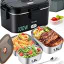 Eocolz Electric Lunch Box Food Heater 100W, Food Warmer with Dual Container 1.8L Portable Heated Lunch Box for Car Truck Work Stainless Steel Fork & Spoon 12/24/110V for Adults Lonchera Elctrica (Black)