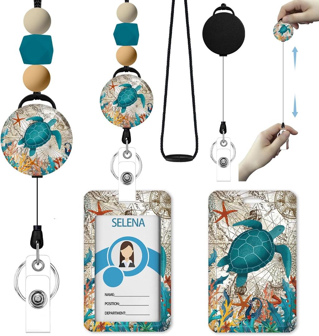 Stylish ID Badge Holder with Lanyard - Retractable Teacher Lanyard for Women, Silicone Beaded Keychain for Teachers, Office & School Supplies (Sea Turtle Beach Design)