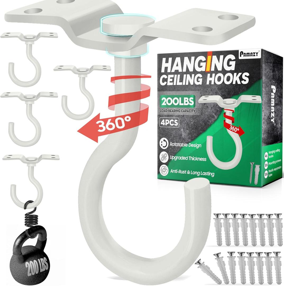 [UPGRADED] 200LBS 4Pcs Rotatable Ceiling Hooks with 4 Screw Points Plate Base, White Wall Mount Metal Hanger for Hanging Plants, Bird Feeders, Lanterns, Lights, Wind Chimes, Indoor Outdoor Decor