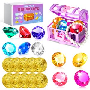 Diving Gem Pool Toys Colourful Big Diamonds and Gold Coins with Pirate Treasure Chest Throwing Toys Water Toys Underwater Gems Swimming Training Gift for Kids Birthday Party Favor