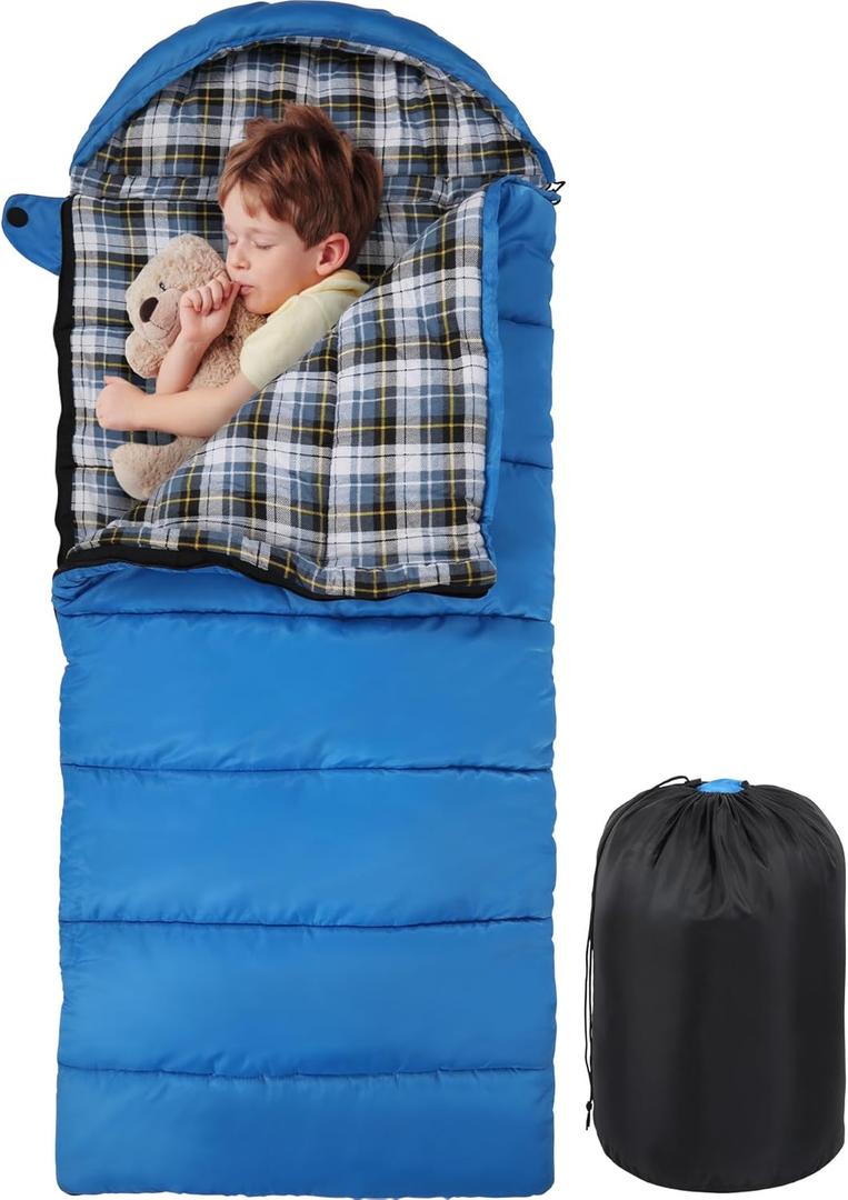 REDCAMP Kids Mummy Sleeping Bag for Camping, 3 Season Cold Weather Sleeping Bag Fit Boys,Girls & Teens, Blue/Rose Red (Navy Blue with Detachable Hood)