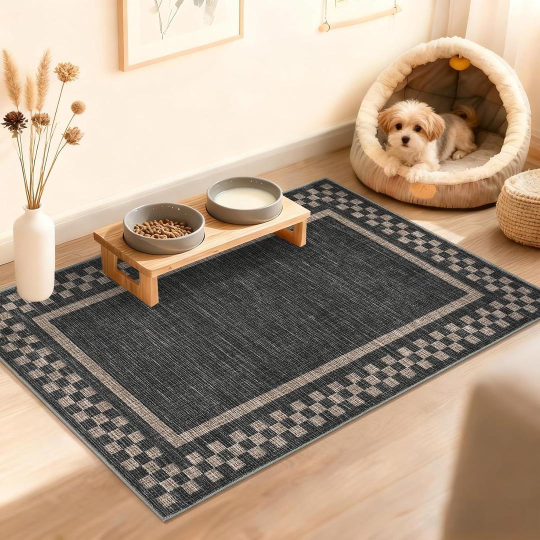 Small Area Rug 2x3 Modern Checkered Entry Rug Solid Color Scalloped Kitchen Rugs Washable Bedroom Doormat Non Slip Stain Resistant Bordered Throw Carpet for Living Room Nursery Laundry, Black