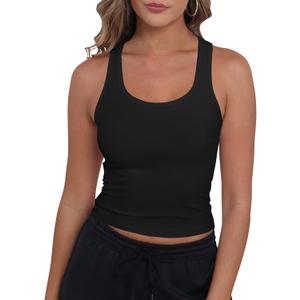 GEMBERA Women Sleeveless Scoop Neck Racerback Ribbed Knit Fitted Teen Basic Crop Tank Top Shirt (Medium, Black)