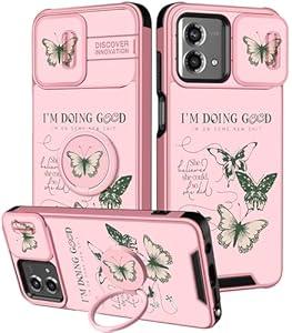 Funermei (2in1 for Moto G Stylus 5G 2023 Case for Women Butterfly Cute Girls Phone Cover Girly Flowers Floral Aesthetic Butterflies Design with Camera Cover and Ring Stand for Moto G Stylus 5G Case