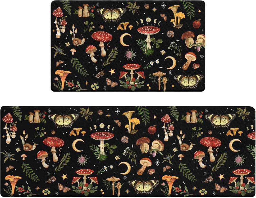 Mushroom Rug Kitchen Mats for Floor Cushioned Anti Fatigue Kitchen Rugs Sets of 2, Non Slip Waterproof Black Kitchen Floor Mat, Comfort Memory Foam Standing Mat for Office Laundry Sink Desk (46''Lx17''W+29''Lx17''W-0.4''H)
